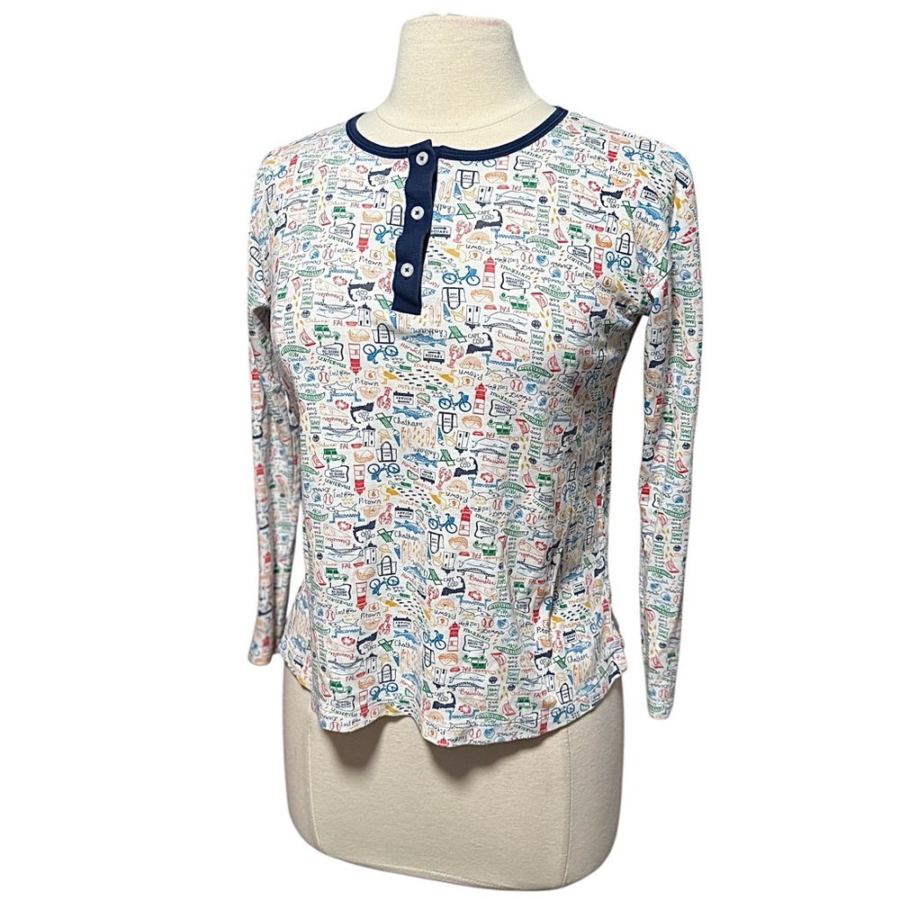 Women's Long Sleeve Printed Henley Pajama Top - Navy Trim
